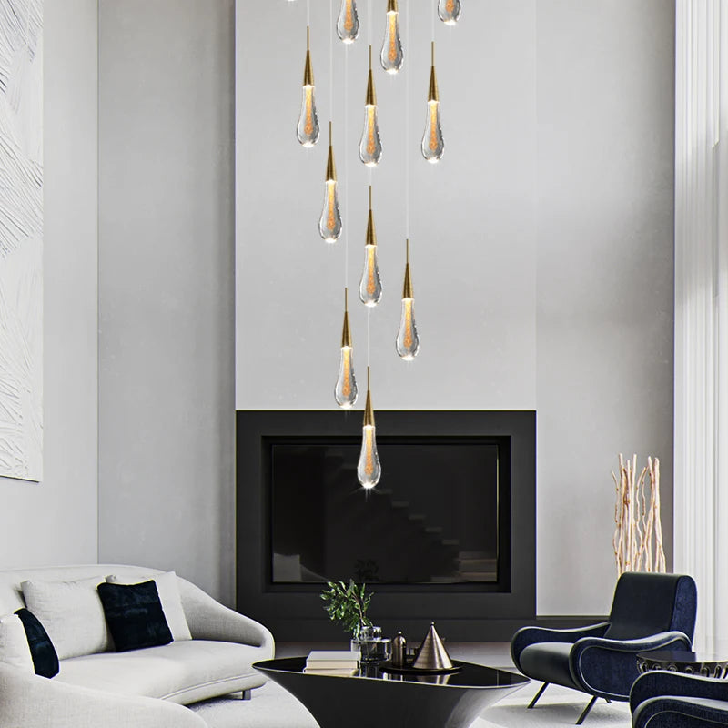 Contemporary twist on staircase chandeliers 